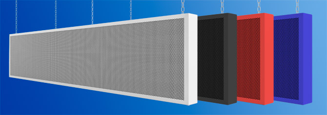 Внешний вид окрашенных панелей акустического подвесного потолка Akustiline Urban Baffle (Акустилайн Урбан Баффл) 